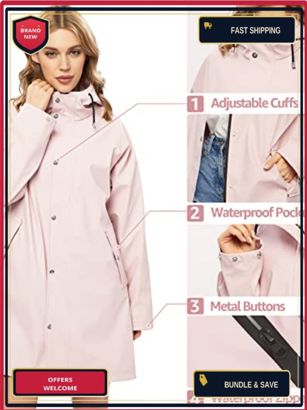 Waterproof Long Raincoat with Hooded Trench Design for Women - Picture 3 of 6